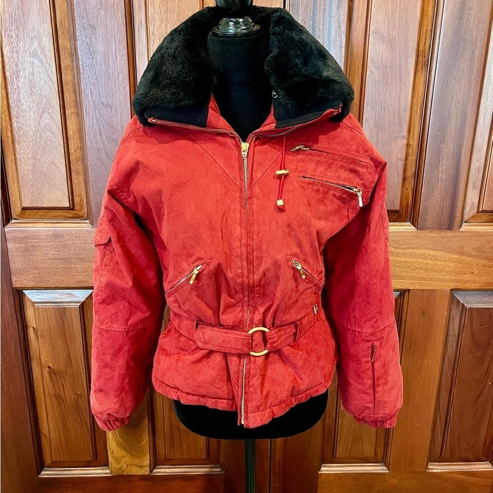 Vintage NILS Ski Jacket Coat Belted Red Faux Suede & Fur Collar Sz 4 Petite Y2K